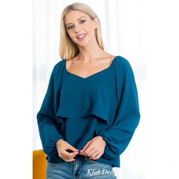 ❤️LAST 1! TEAL SWEATHEART NECKLINE TIERED RUFFLE PUFF SLEEVE TOP! - Picture 7 of 8